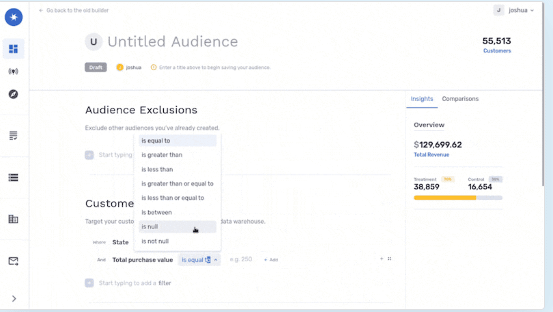 A screenshot of the GrowthLoop audience builder